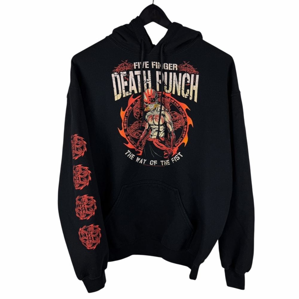 Mens 2000s Five Finger Death Punch Rock Band Music Pullover Hoodie Size L